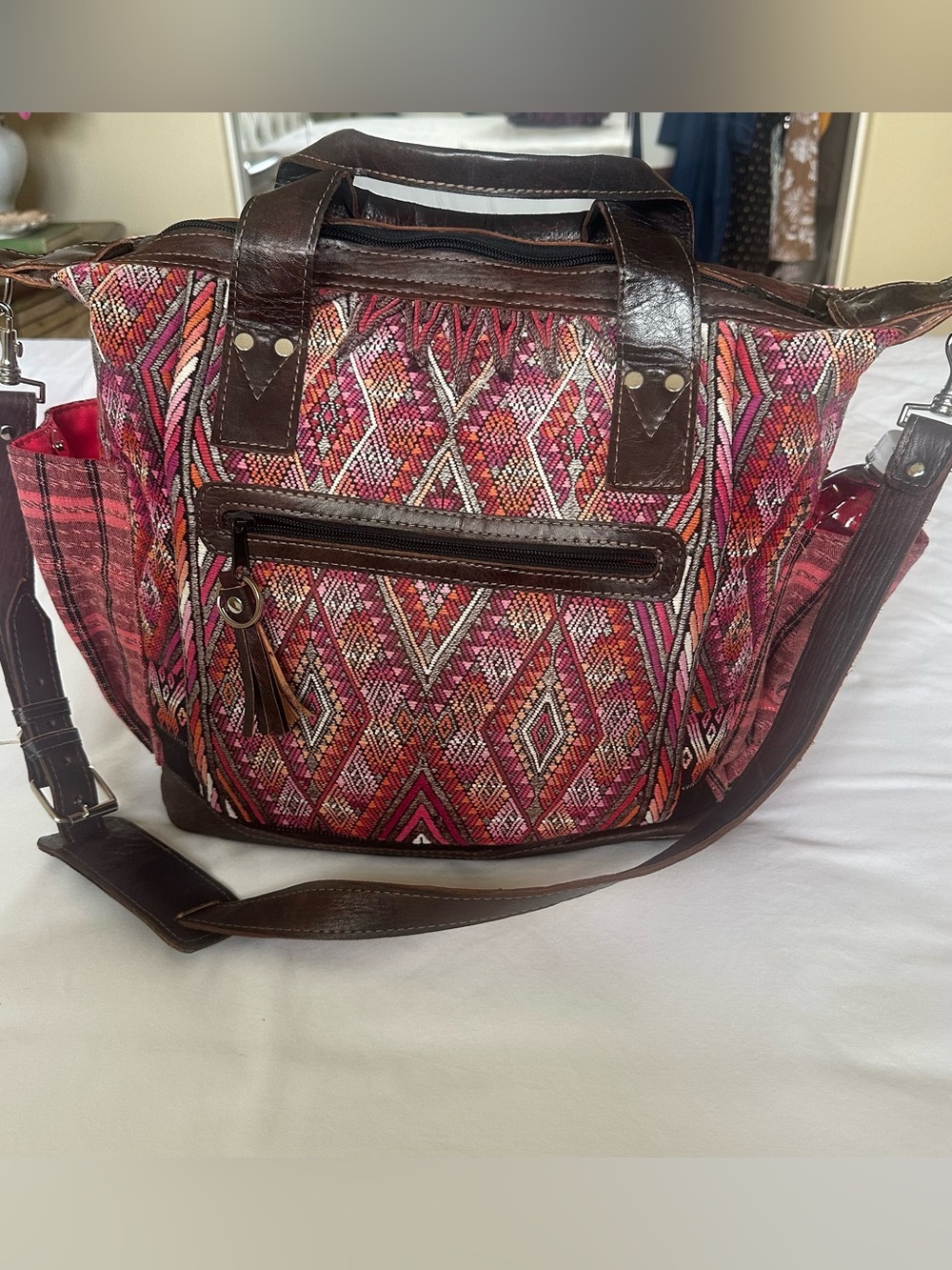 Nina & Co Handwoven Pink Patterned Tote with Brown Leather Trim